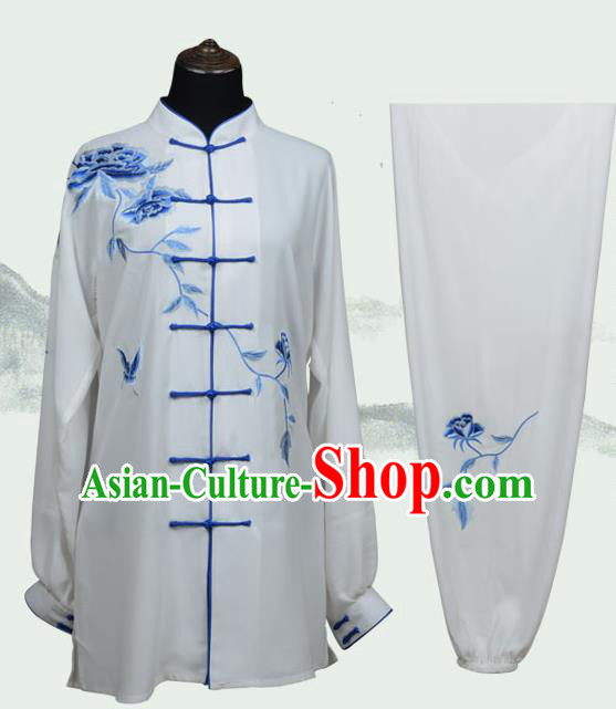 Top Kung Fu Costume Martial Arts Costume Kung Fu Training Plated Buttons Uniform, Gongfu Shaolin Wushu Embroidery Peony Tai Ji Clothing for Women for Men