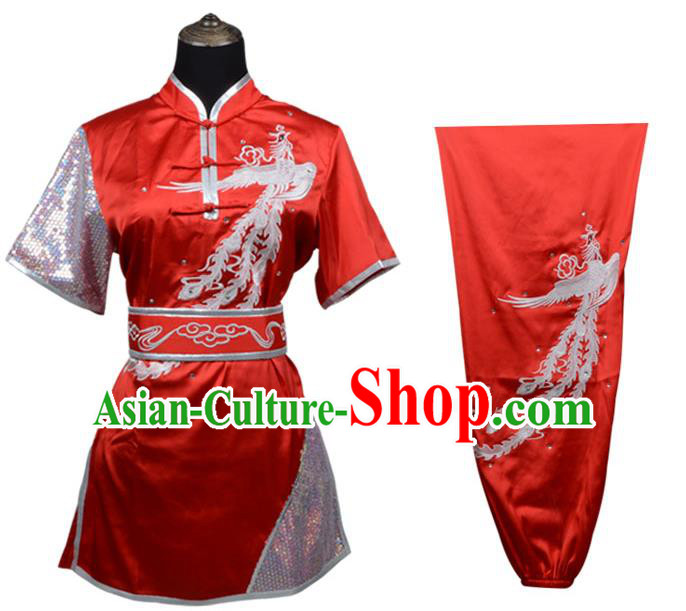 Top Kung Fu Costume Martial Arts Costume Kung Fu Training Plated Buttons Red Uniform, Gongfu Shaolin Wushu Embroidery Phoenix Tai Ji Clothing for Women for Men