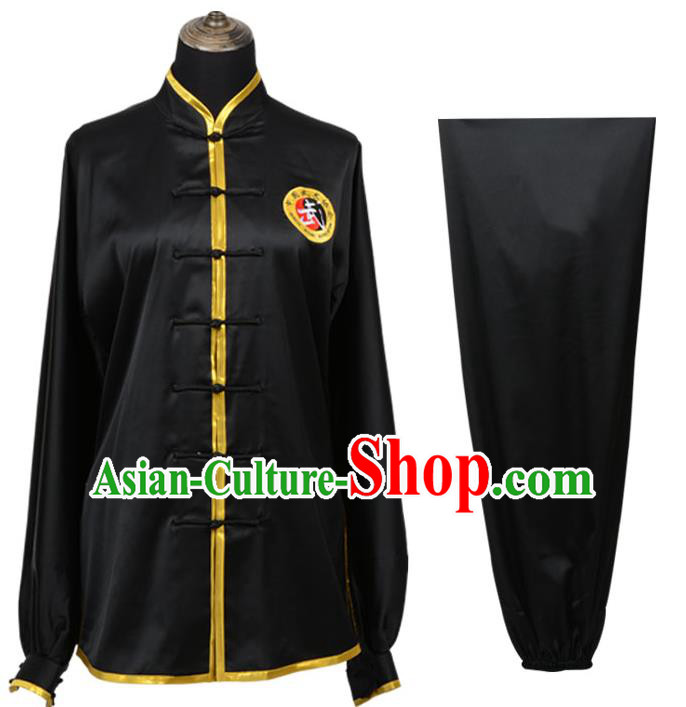 Top Kung Fu Costume Martial Arts Costume Kung Fu Training Plated Buttons Black Uniform, Gongfu Shaolin Wushu Tai Ji Clothing for Women for Men