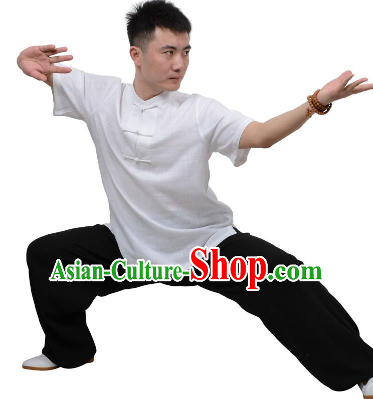 Top Kung Fu Linen Costume Martial Arts Costume Kung Fu Training Plated Buttons White Uniform, Gongfu Shaolin Wushu Tai Ji Clothing for Women for Men