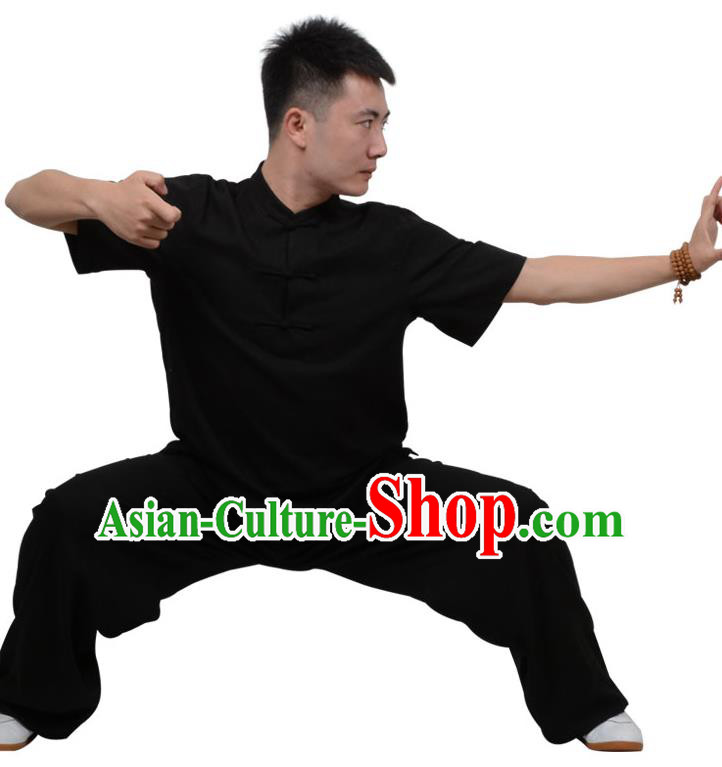 Top Kung Fu Linen Costume Martial Arts Costume Kung Fu Training Plated Buttons Black Uniform, Gongfu Shaolin Wushu Tai Ji Clothing for Women for Men