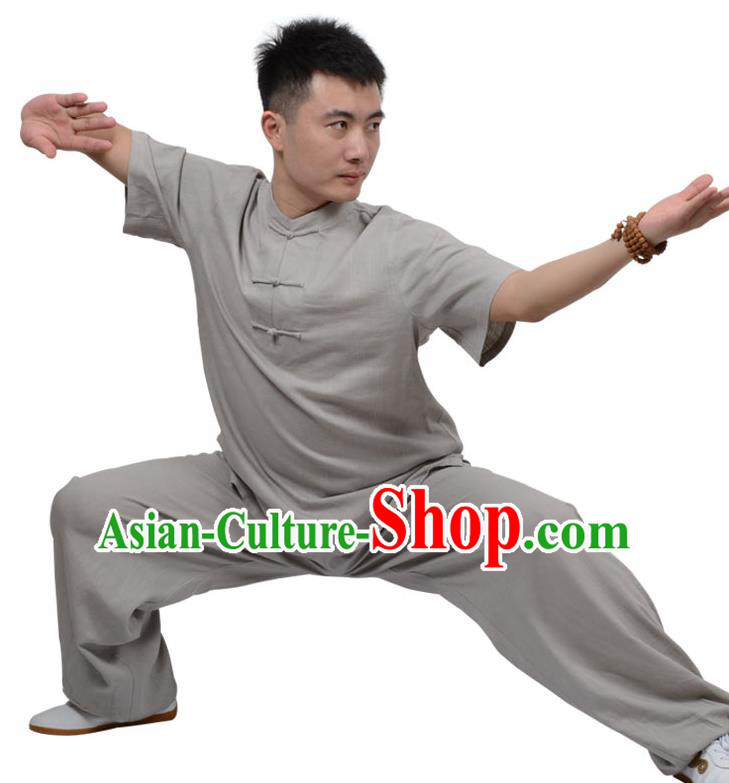 Top Kung Fu Linen Costume Martial Arts Costume Kung Fu Training Plated Buttons Grey Uniform, Gongfu Shaolin Wushu Tai Ji Clothing for Women for Men