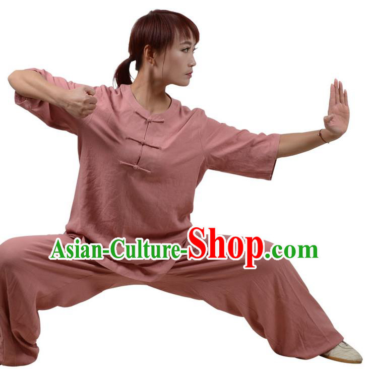 Top Kung Fu Linen Costume Martial Arts Costume Kung Fu Training Plated Buttons Orange Uniform, Gongfu Shaolin Wushu Tai Ji Clothing for Women for Men