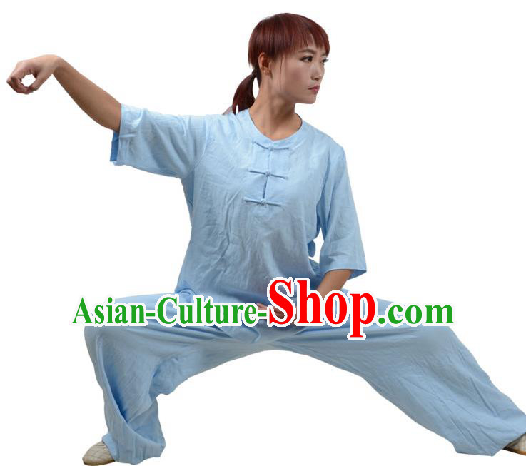 Top Kung Fu Linen Costume Martial Arts Costume Kung Fu Training Plated Buttons Light Blue Uniform, Gongfu Shaolin Wushu Tai Ji Clothing for Women for Men