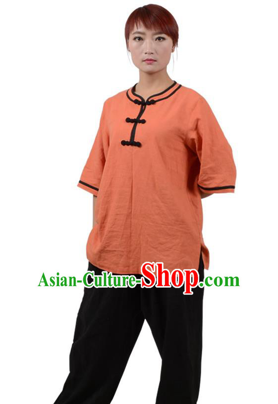 Top Kung Fu Linen Costume Martial Arts Costume Kung Fu Training Plated Buttons Orange Uniform, Gongfu Shaolin Wushu Tai Ji Clothing for Women for Men