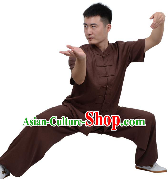 Top Kung Fu Linen Costume Martial Arts Costume Kung Fu Training Short Sleeve Coffee Uniform, Gongfu Shaolin Wushu Tai Ji Plated Buttons Clothing for Women for Men