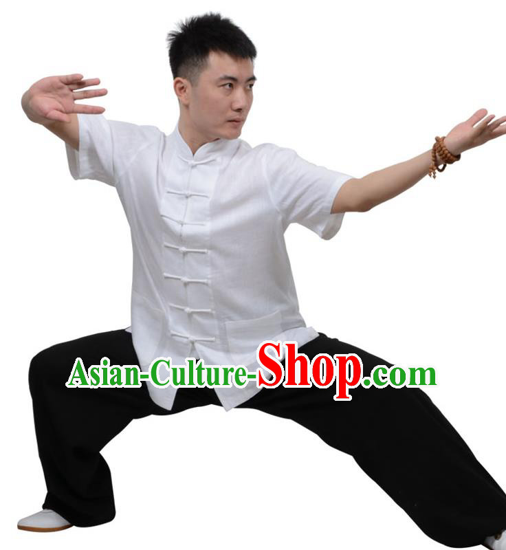 Top Kung Fu Linen Costume Martial Arts Costume Kung Fu Training Short Sleeve White Uniform, Gongfu Shaolin Wushu Tai Ji Plated Buttons Clothing for Women for Men