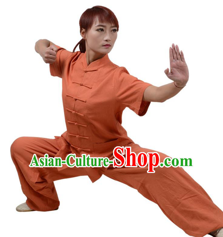 Top Kung Fu Linen Costume Martial Arts Costume Kung Fu Training Short Sleeve Orange Uniform, Gongfu Shaolin Wushu Tai Ji Plated Buttons Clothing for Women for Men