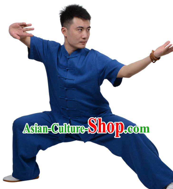 Top Kung Fu Linen Costume Martial Arts Costume Kung Fu Training Short Sleeve Deep Blue Uniform, Gongfu Shaolin Wushu Tai Ji Plated Buttons Clothing for Women for Men
