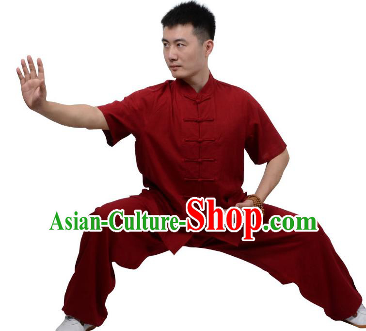 Top Kung Fu Linen Costume Martial Arts Costume Kung Fu Training Short Sleeve Red Uniform, Gongfu Shaolin Wushu Tai Ji Plated Buttons Clothing for Women for Men