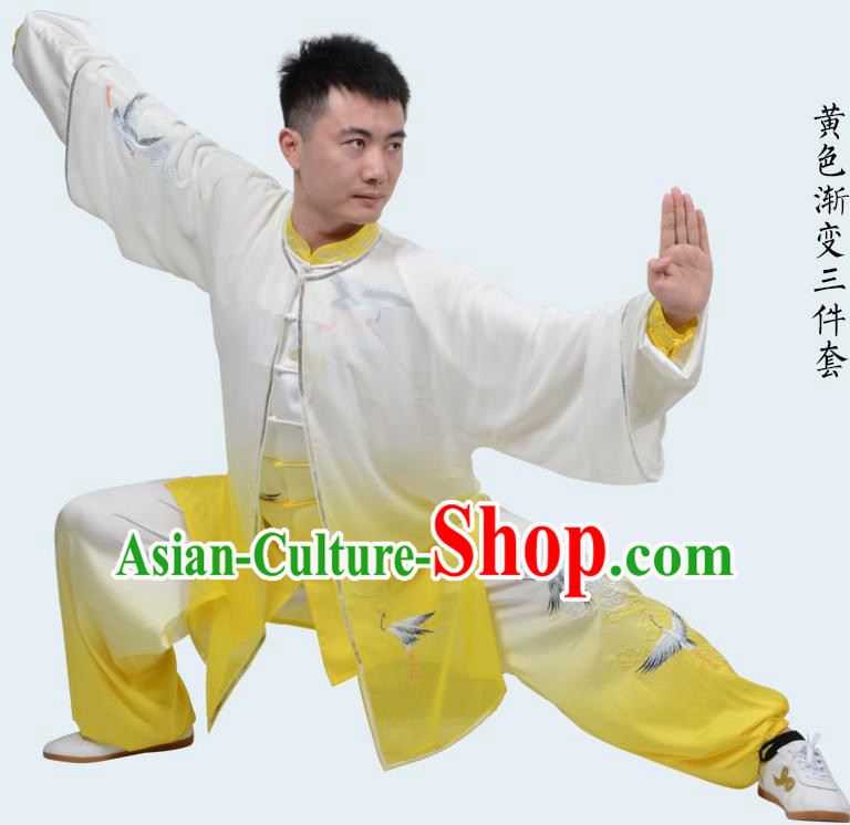 Top Kung Fu Costume Martial Arts Costume Kung Fu Training Gradient Yellow Uniform, Gongfu Shaolin Wushu Embroidery Crane Tai Ji Clothing for Women for Men