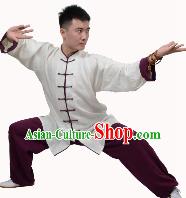 Top Kung Fu Linen Costume Martial Arts Costume Kung Fu Training White Shirt and Purple Pants, Tai Ji Plated Buttons Uniform Gongfu Wushu Clothing for Women for Men