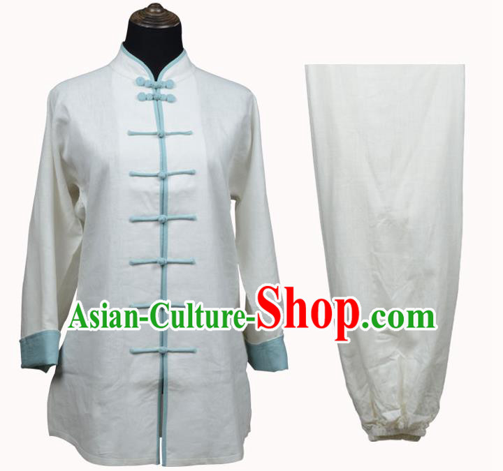 Top Kung Fu Linen Costume Martial Arts Costume Kung Fu Training White Shirt and Pants, Tai Ji Light Blue Plated Buttons Uniform Gongfu Wushu Clothing for Women for Men