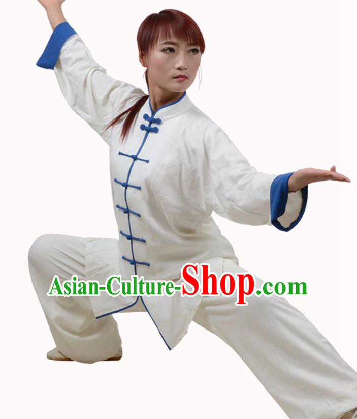 Top Kung Fu Linen Costume Martial Arts Costume Kung Fu Training White Shirt and Pants, Tai Ji Blue Plated Buttons Uniform Gongfu Wushu Clothing for Women for Men
