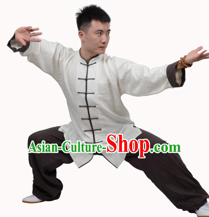 Top Kung Fu Linen Costume Martial Arts Costume Kung Fu Training White Shirt and Brown Pants, Tai Ji Plated Buttons Uniform Gongfu Wushu Clothing for Women for Men