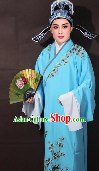 Traditional China Beijing Opera Niche Costume Blue Embroidered Robe, Chinese Peking Opera Scholar Embroidery Clothing