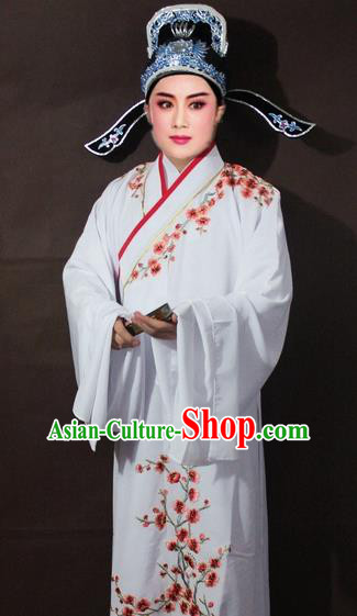 Traditional China Beijing Opera Niche Costume White Embroidered Robe, Chinese Peking Opera Scholar Embroidery Clothing