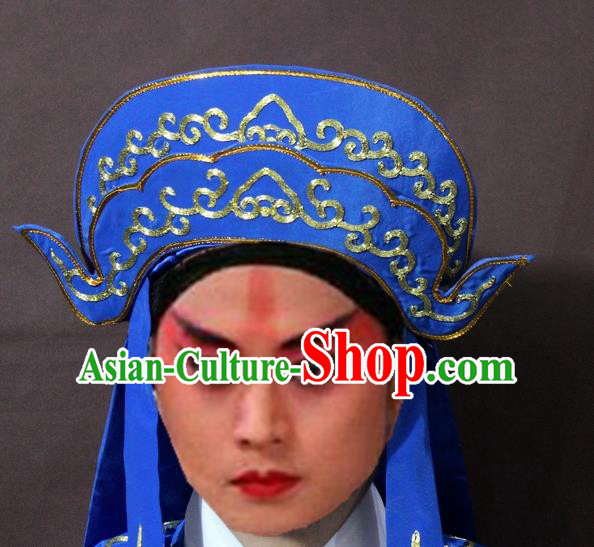 Traditional Chinese Handmade Hair Accessories Beijing Opera Takefu Embroidered Blue Hats Headwear for Men