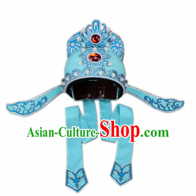 Traditional China Beijing Opera Share-win Scholar Blue Hats, Chinese Peking Opera Niche Headwear