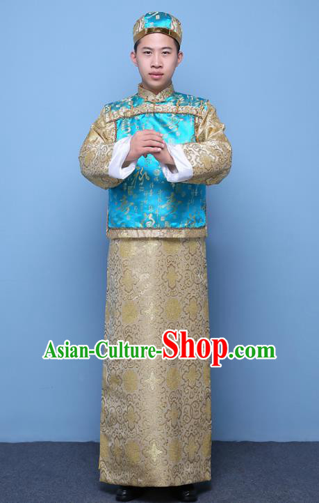 Traditional Ancient Chinese Qing Dynasty Prince Costume, China Manchu Nobility Childe Embroidered Blue Mandarin Jacket Clothing for Men