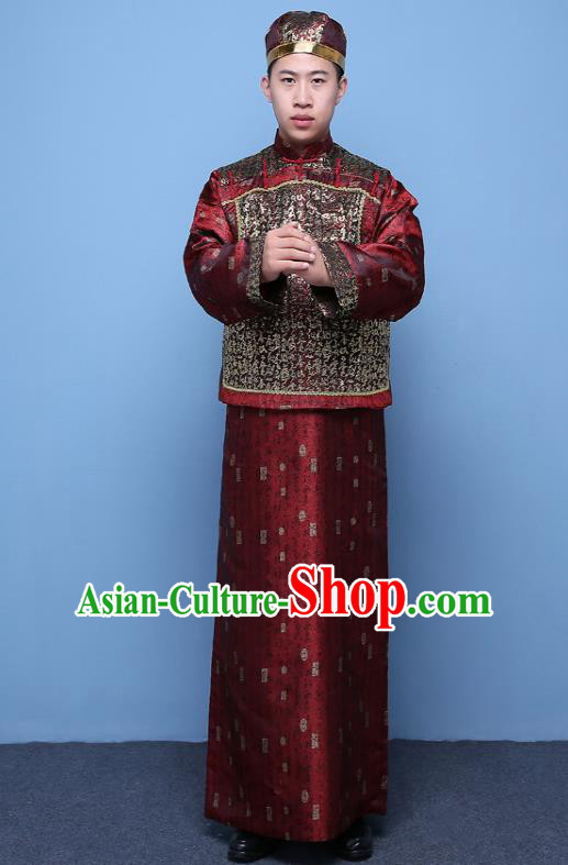 Traditional Ancient Chinese Qing Dynasty Prince Purplish Red Costume, China Manchu Nobility Childe Mandarin Jacket Clothing for Men