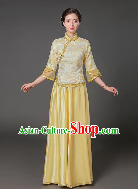 Traditional Chinese Republic of China Nobility Lady Clothing, China National Yellow Cheongsam Blouse and Skirt for Women