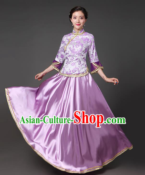 Traditional Chinese Republic of China Nobility Lady Clothing, China National Purple Cheongsam Blouse and Skirt for Women