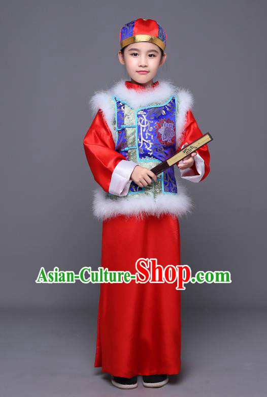 Traditional Ancient Chinese Qing Dynasty Manchu Prince Costume, Chinese Mandarin Nobility Childe Embroidered Clothing for Kids