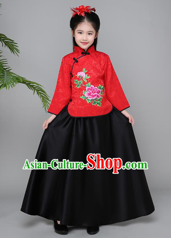 Traditional Chinese Republic of China Children Clothing, China National Embroidered Red Cheongsam Blouse and Skirt for Kids