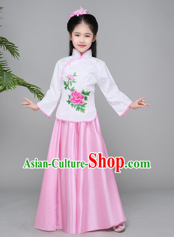 Traditional Chinese Republic of China Children Clothing, China National Embroidered White Cheongsam Blouse and Skirt for Kids