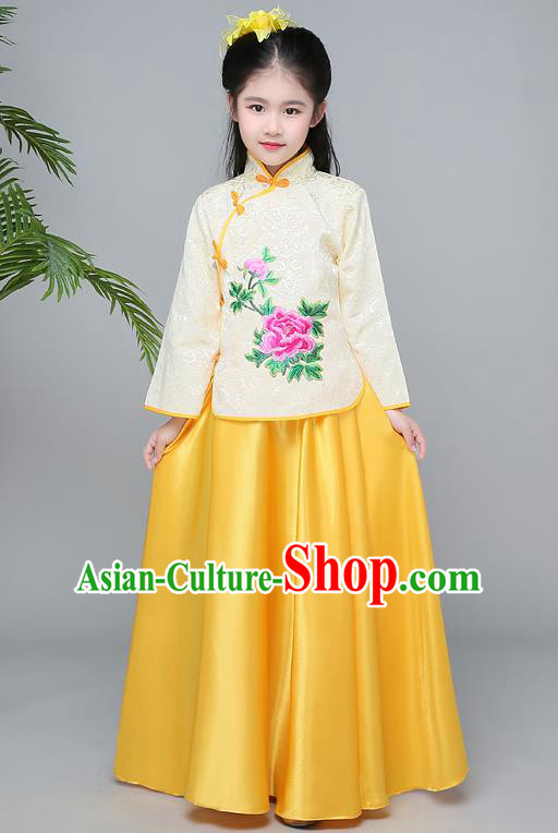 Traditional Chinese Republic of China Children Clothing, China National Embroidered Yellow Cheongsam Blouse and Skirt for Kids