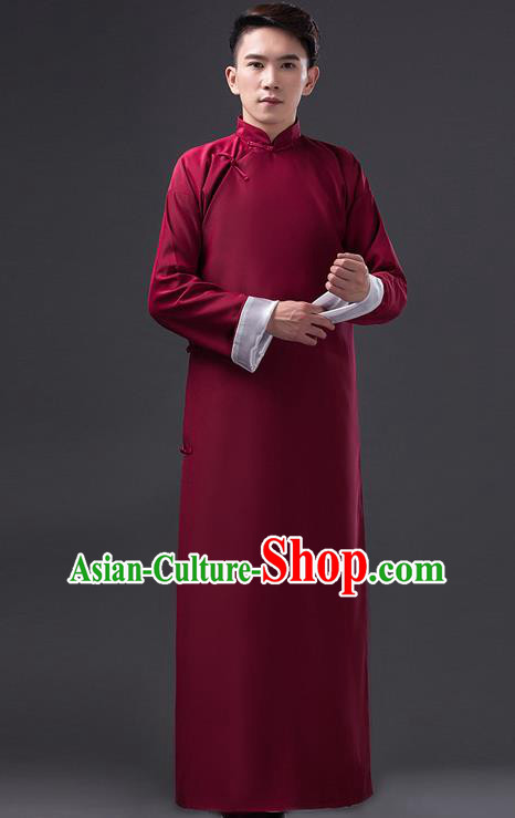 Traditional Chinese Republic of China Costume Wine Red Long Gown, China National Comic Dialogue Clothing for Men