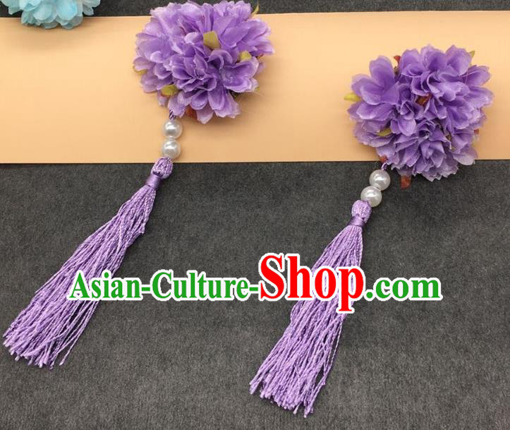 Traditional Chinese Handmade Hair Accessories Hairpins Hanfu Purple Flowers Tassel Hair Claw for Kids