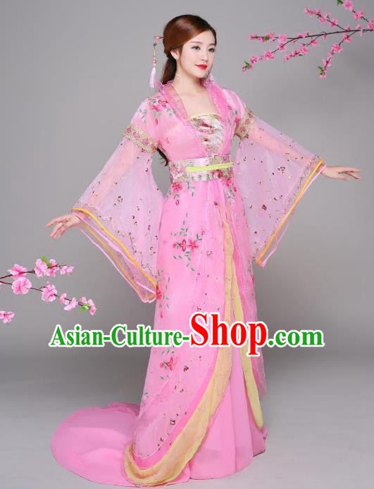 Traditional Chinese Tang Dynasty Princess Fairy Costume, China Ancient Palace Lady Hanfu Embroidered Trailing Dress for Women