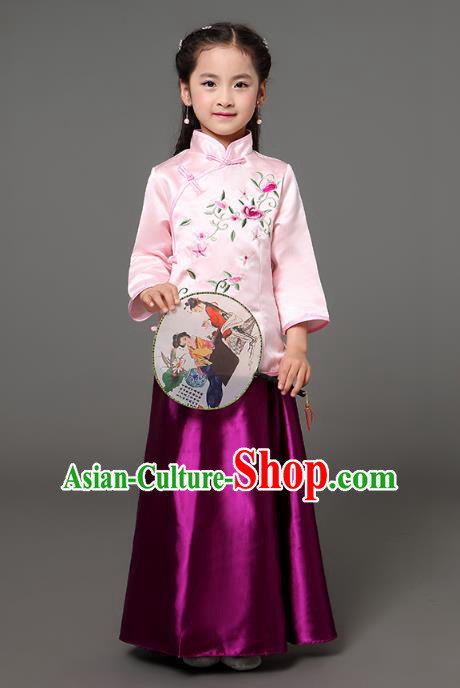 Traditional Chinese Republic of China Children Clothing, China National Embroidered Pink Cheongsam Blouse and Purple Skirt for Kids