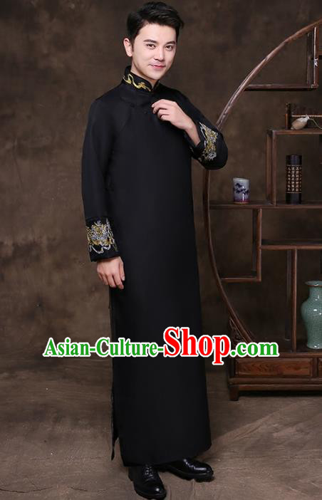 Traditional Chinese Republic of China Wedding Costume Black Long Gown, China National Comic Dialogue Embroidered Clothing for Men