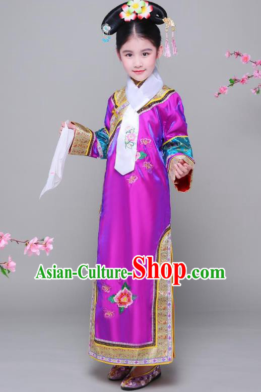 Traditional Ancient Chinese Qing Dynasty Princess Purple Costume, Chinese Manchu Lady Embroidered Clothing for Kids