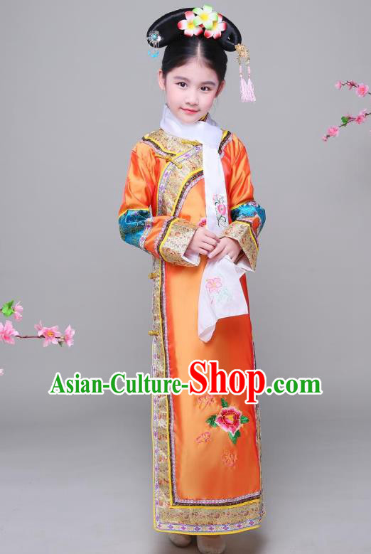 Traditional Ancient Chinese Qing Dynasty Princess Orange Costume, Chinese Manchu Lady Embroidered Clothing for Kids