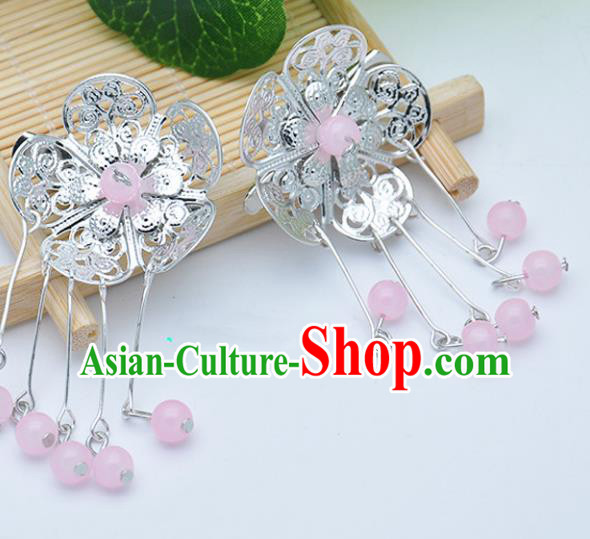 Traditional Chinese Handmade Hair Accessories Hairpins Hanfu Pink Beads Tassel Hair Claw for Kids