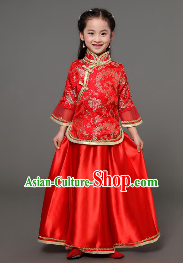 Traditional Chinese Republic of China Children Xiuhe Suit Clothing, China National Embroidered Red Cheongsam Blouse and Skirt for Kids