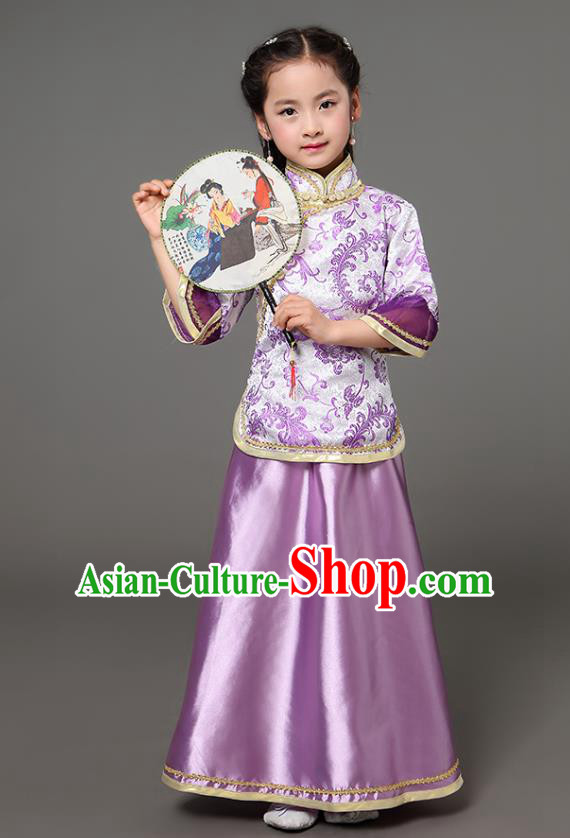 Traditional Chinese Republic of China Children Xiuhe Suit Clothing, China National Embroidered Purple Cheongsam Blouse and Skirt for Kids