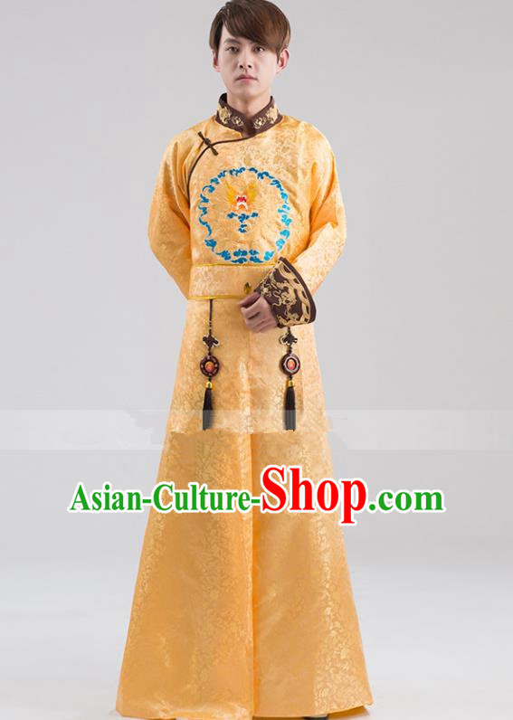 Traditional Ancient Chinese Qing Dynasty Prince Costume, China Manchu Nobility Childe Yellow Embroidered Robe Clothing for Men