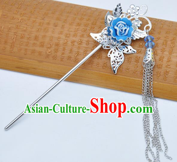 Traditional Chinese Handmade Hair Accessories Princess Hairpins Hanfu Blue Flower Tassel Step Shake for Kids