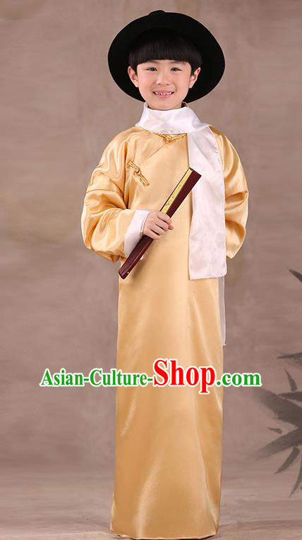 Traditional Chinese Republic of China Costume Children Yellow Long Gown, China National Comic Dialogue Clothing for Kids