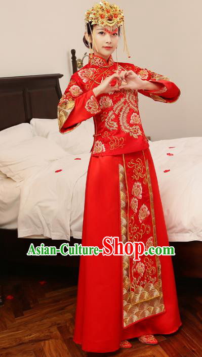 Ancient Chinese Wedding Costume Xiuhe Suits Traditional Women Longfeng Dragon and Phoenix Flown Bride Toast Cheongsam