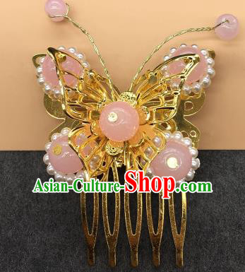 Traditional Chinese Handmade Hair Accessories Princess Hairpins Hanfu Pink Beads Butterfly Hair Comb for Kids