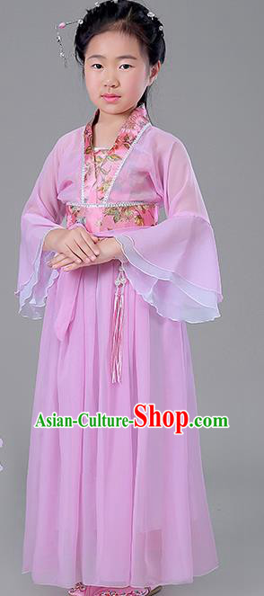 Traditional Chinese Tang Dynasty Princess Costume, China Ancient Fairy Embroidered Pink Dress Clothing for Kids