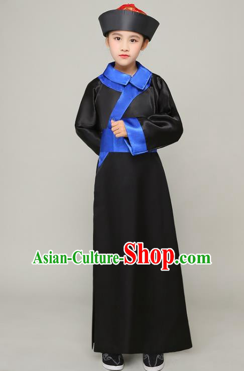 Traditional Chinese Qing Dynasty Court Eunuch Costume, China Manchu Imperial Bodyguard Black Mandarin Robe for Kids