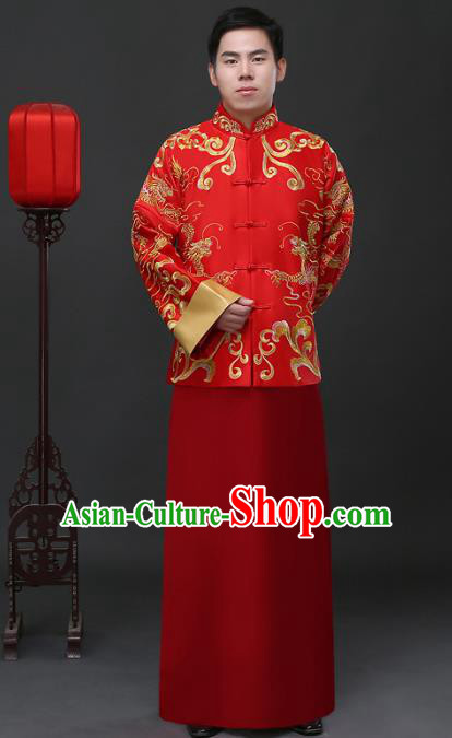 Ancient Chinese Wedding Costume China Traditional Bridegroom Embroidered Red Toast Clothing for Men