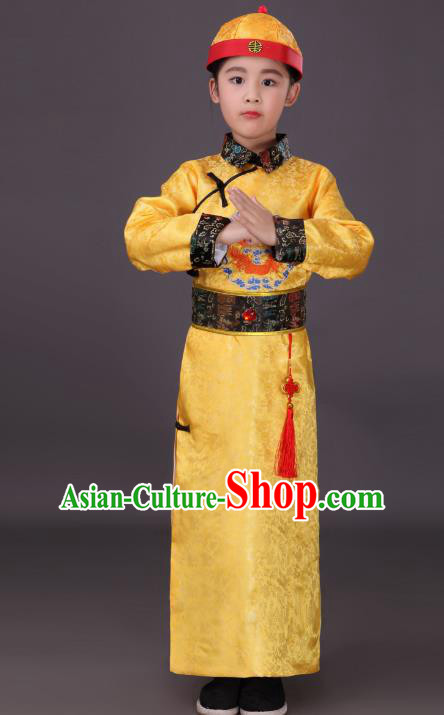 Traditional Chinese Qing Dynasty Children Emperor Costume, China Manchu Prince Yellow Embroidered Dragon Robe for Kids